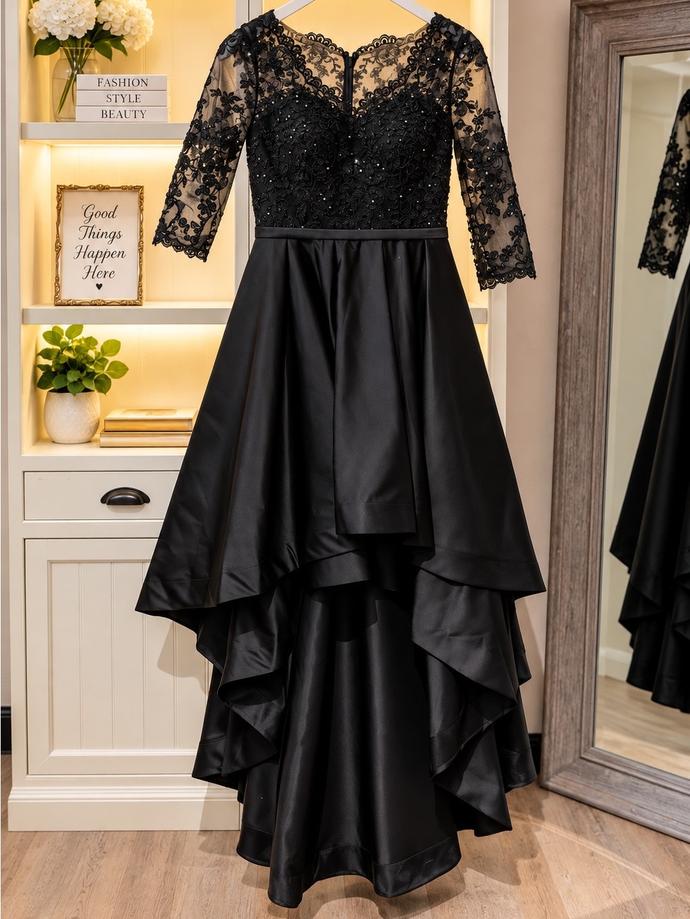 JJs House Black Lace High-Low Evening Gown
